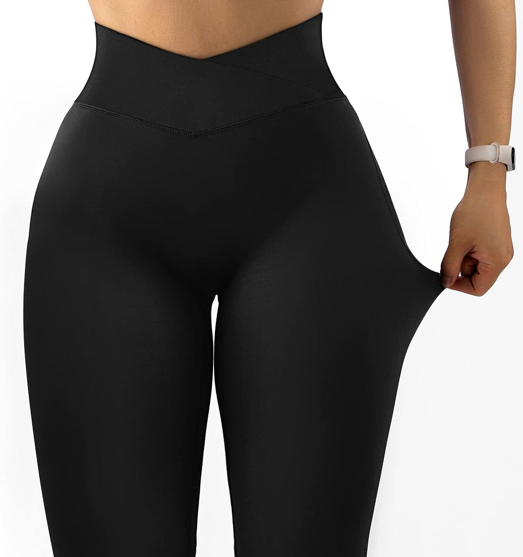 Women Cross Waist Butt Lifting Leggings with Pockets High Waisted Workout Yoga Pants