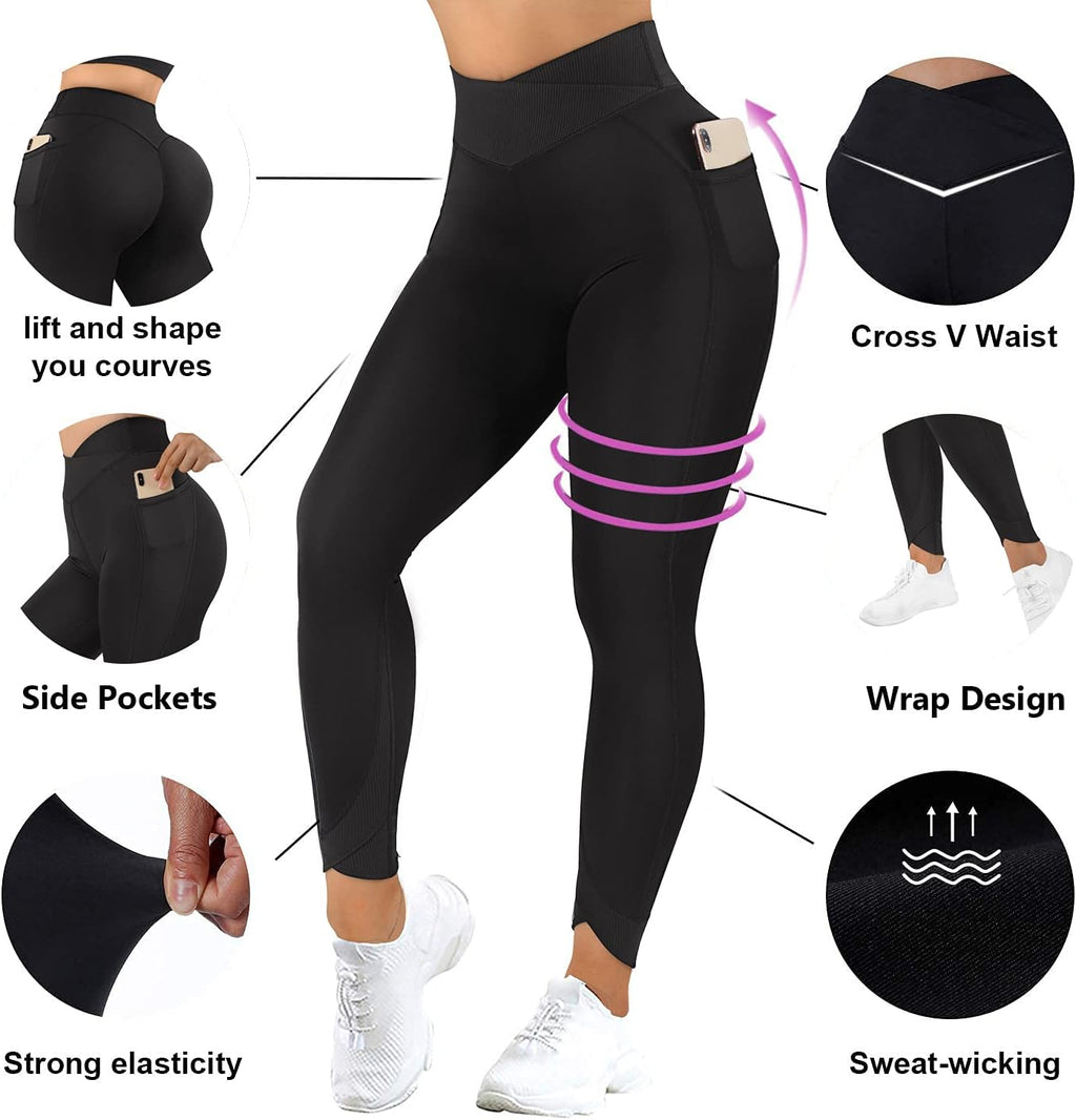 Women Cross Waist Butt Lifting Leggings with Pockets High Waisted Workout Yoga Pants