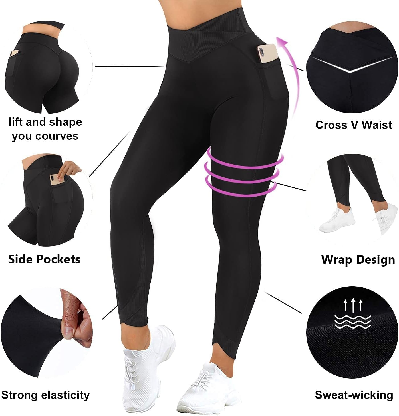 Women Cross Waist Butt Lifting Leggings with Pockets High Waisted Workout Yoga Pants